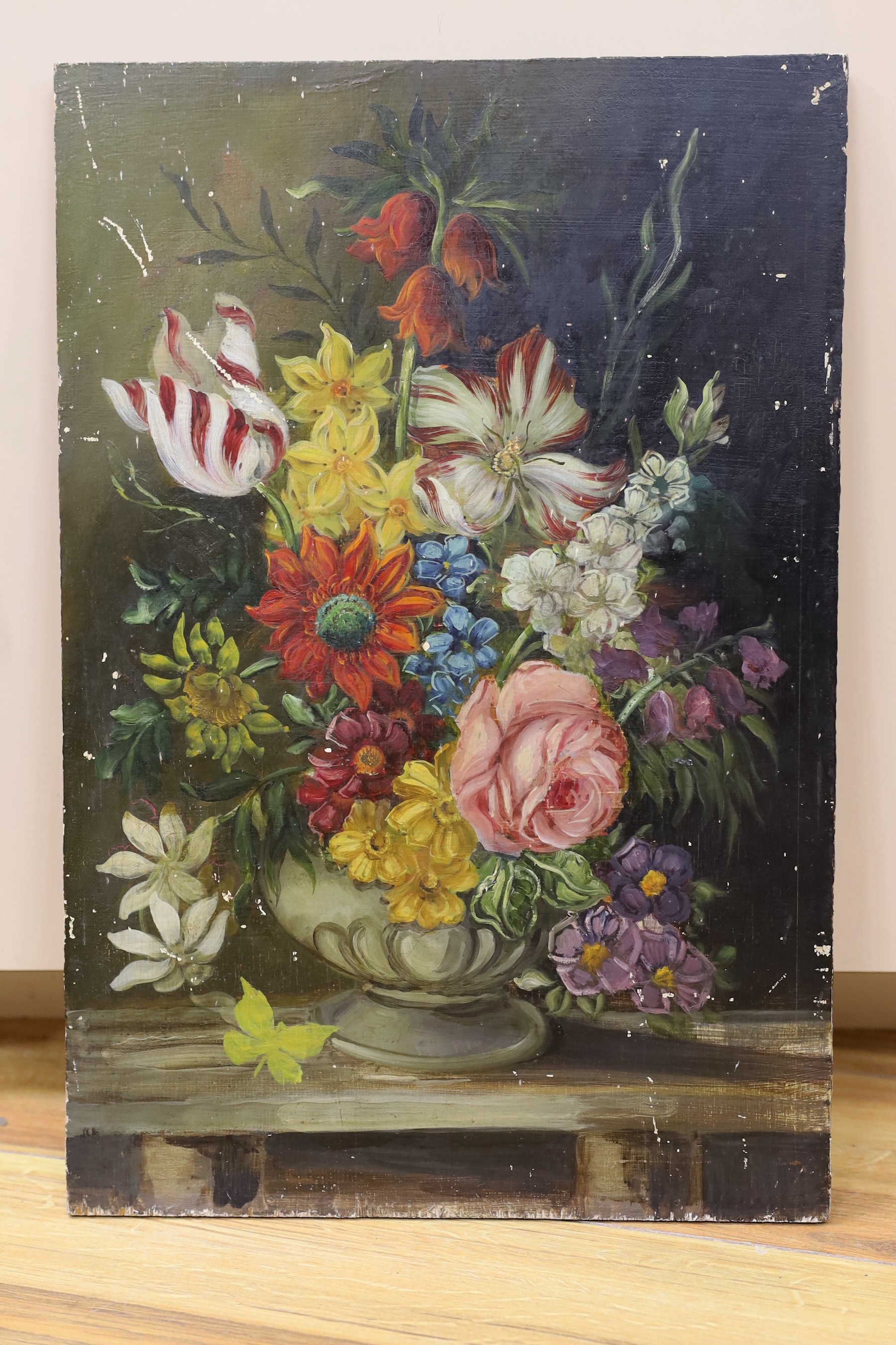 English School, oil on panel, Still life of flowers in a vase upon a ledge, 46 x 31cm, unframed